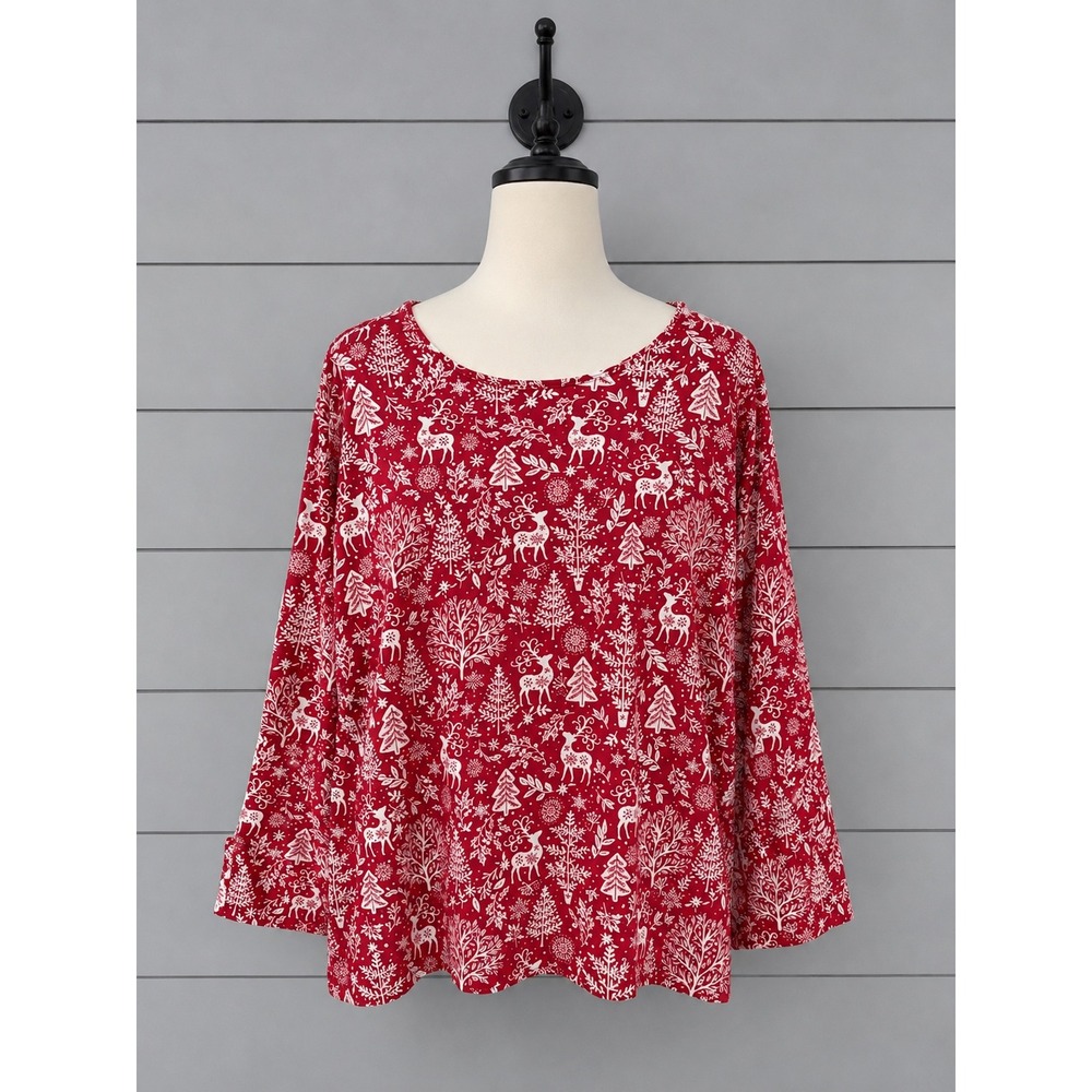 Talbots The Talbots Tee 2X Red Reindeer Winter Woodland Print Long Slv Stretch